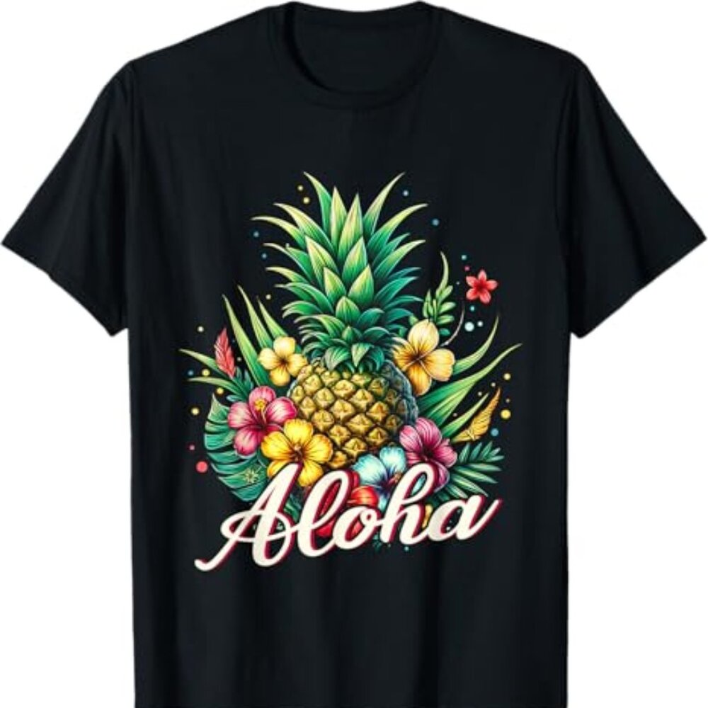 Tropical Pineapple Party Aloha Hibiscus Flower T-Shirt
